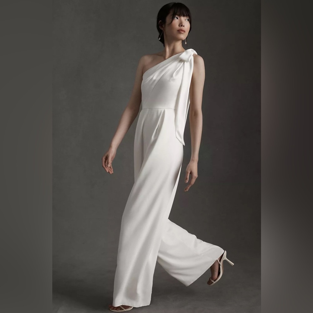 New BHLDN Anthropologie Amsale Lottie One-Shoulder Ivory Jumpsuit size 10